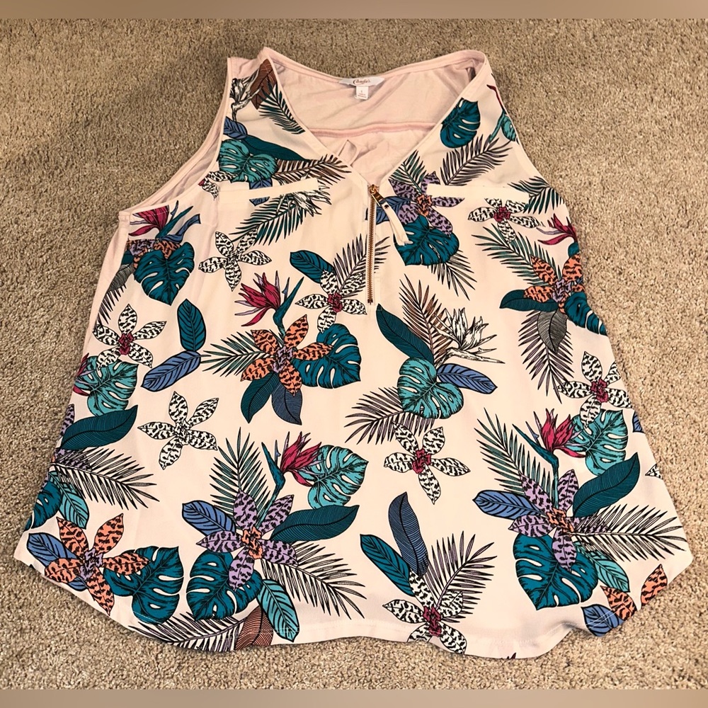 Candies Zip Front Tropical Print V-neck Tank Blouse. Size L